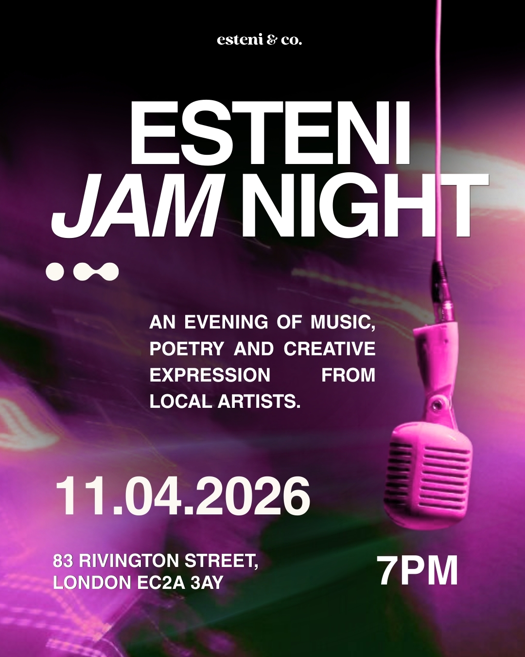 Esteni Jam Night poster — 11 April 2026, 7PM, 83 Rivington Street